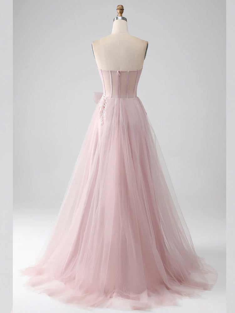 Blush Color Dress Bow Decoration Floral Ball Gown