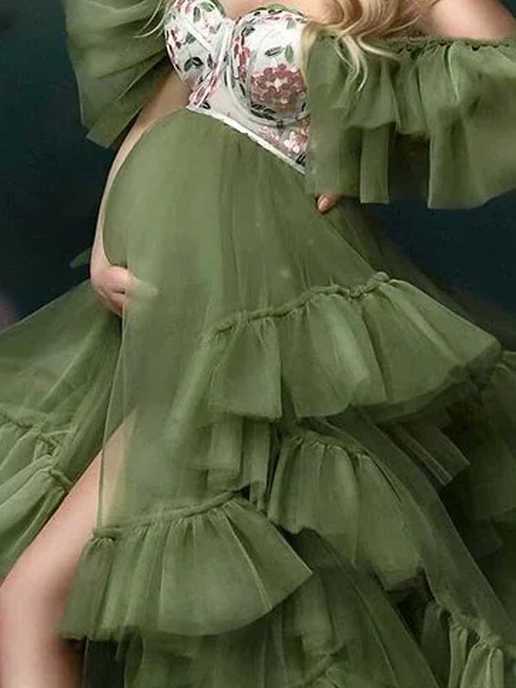 Maternity Baby Shower Dresses Green Embroidered Photoshoot Dress