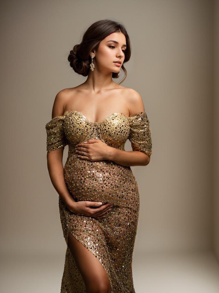 Gold Sequin Maternity Dress Mermaid Champagne Luxury Maternity Photoshoot Dress