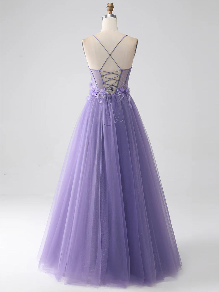 Purple Tulle Dress Spaghetti Strap Corset 3D Flower Ball Gown