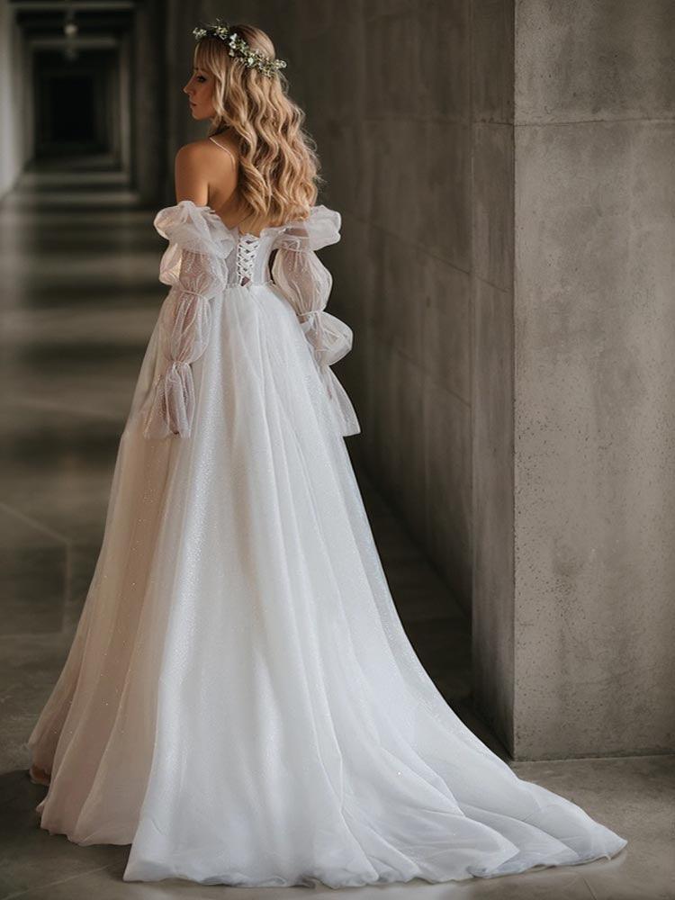 diamond wedding dress Sexy puff sleeves white sparkly dress