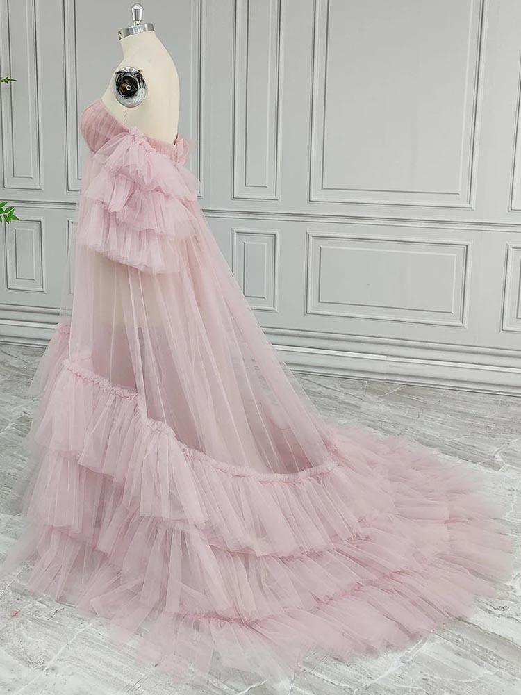 Tulle Maternity Dress Pink Multi-Layered Ruffle Baby Shower Maternity Dress