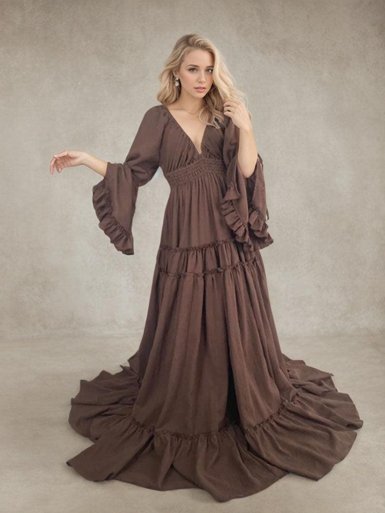 Linen Maternity Dress Bohemian Style Off-Shoulder V-neck Photography Dress