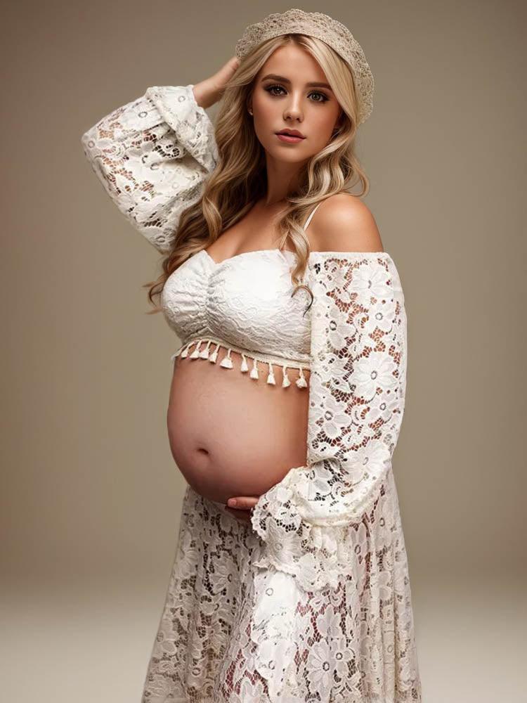 Boho Lace Maternity Dress Suitable For Photo Shooting, Off-shoulder Long Dress, Two-piece Exquisite Photography Props