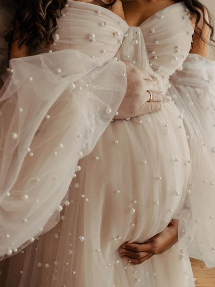 Elegant White Pearl Long Dress maternity photoshoot dress long sleeve