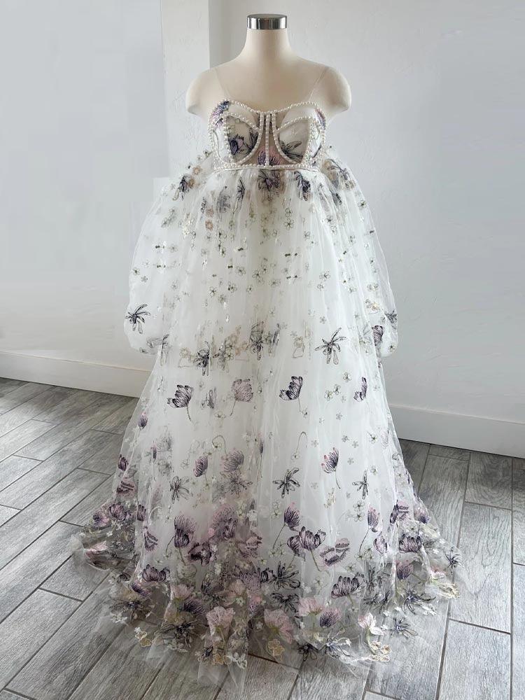 Pearl Maternity Dress Embroidered Floral Maternity Wedding Dress, Suitable For Photo Shoot