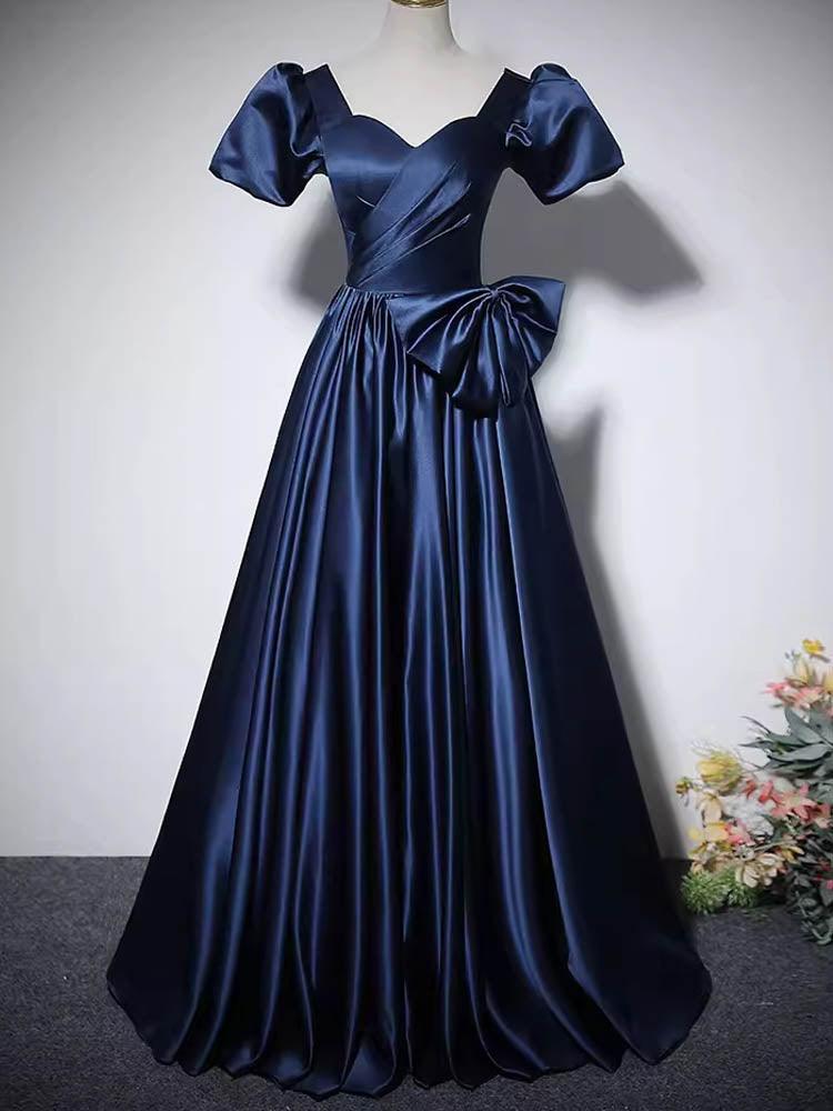 Navy Blue Satin Dress A-Line Elegant Bow Ball Gown