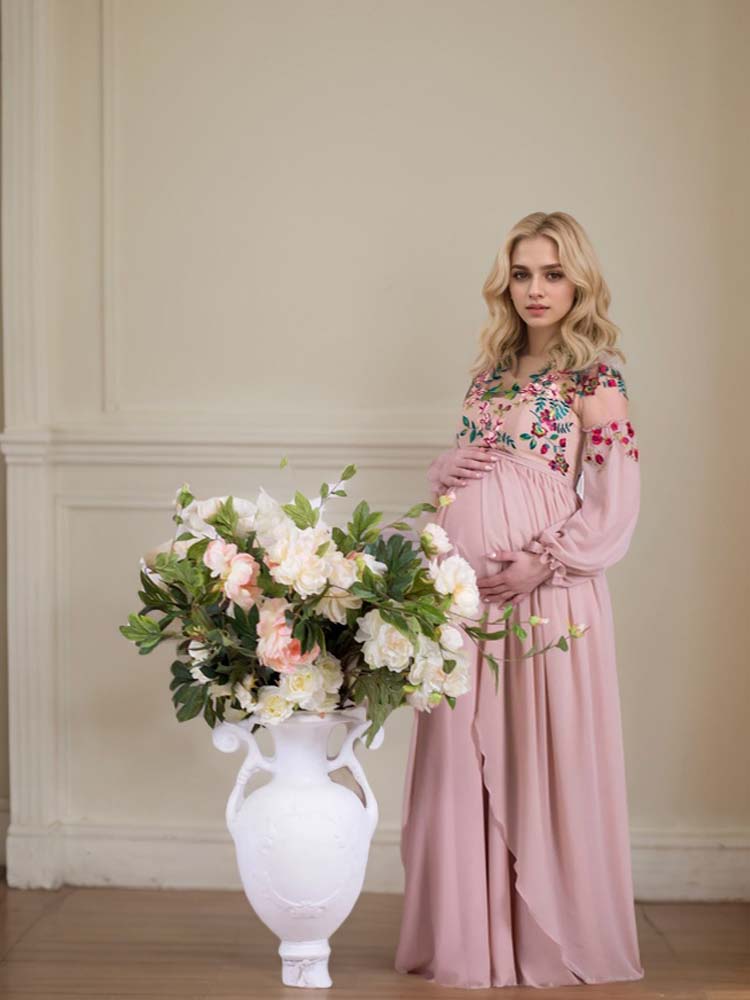 Maternity Baby Shower Dresses Pink Embroidered Evening Gown