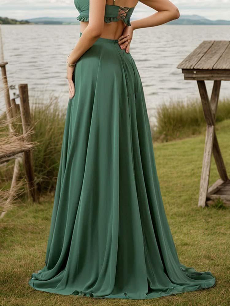 Dark Green Wedding Guest Dress Sexy hollow strap chiffon dress