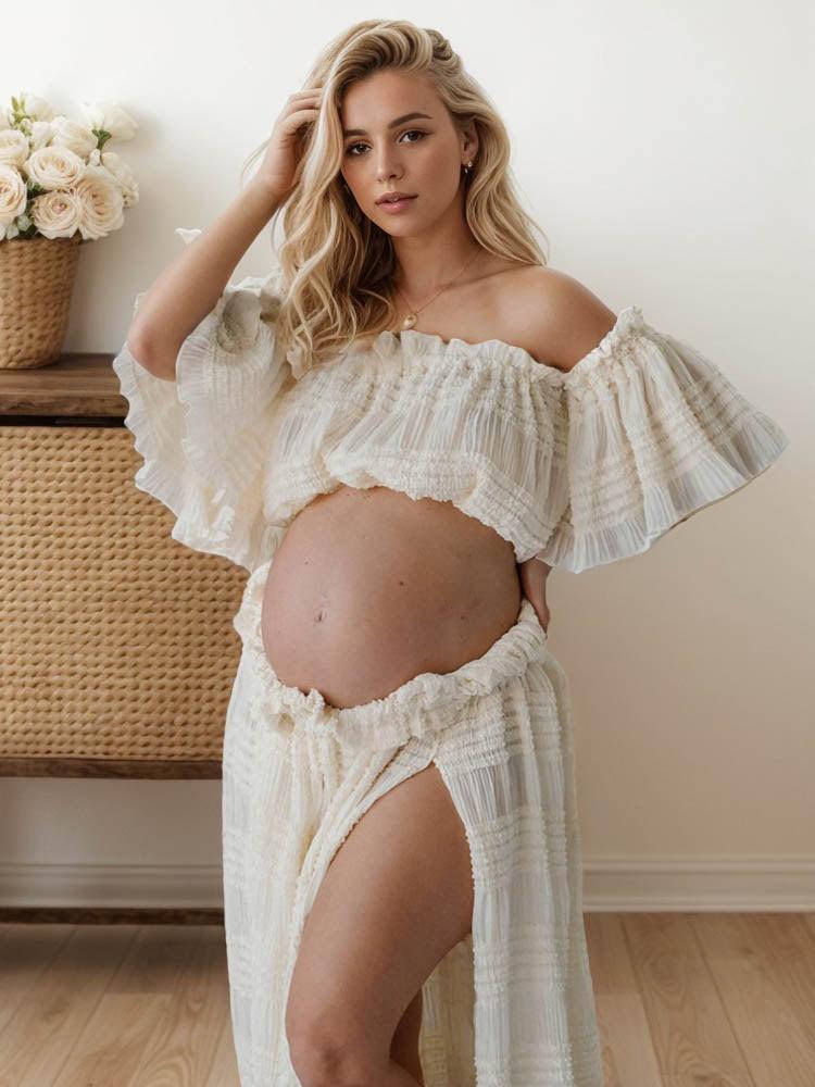 Smocked Maternity Dress 2 Piece Dress Bohemian Maternity Dress For Photo Shoot With Side Slits