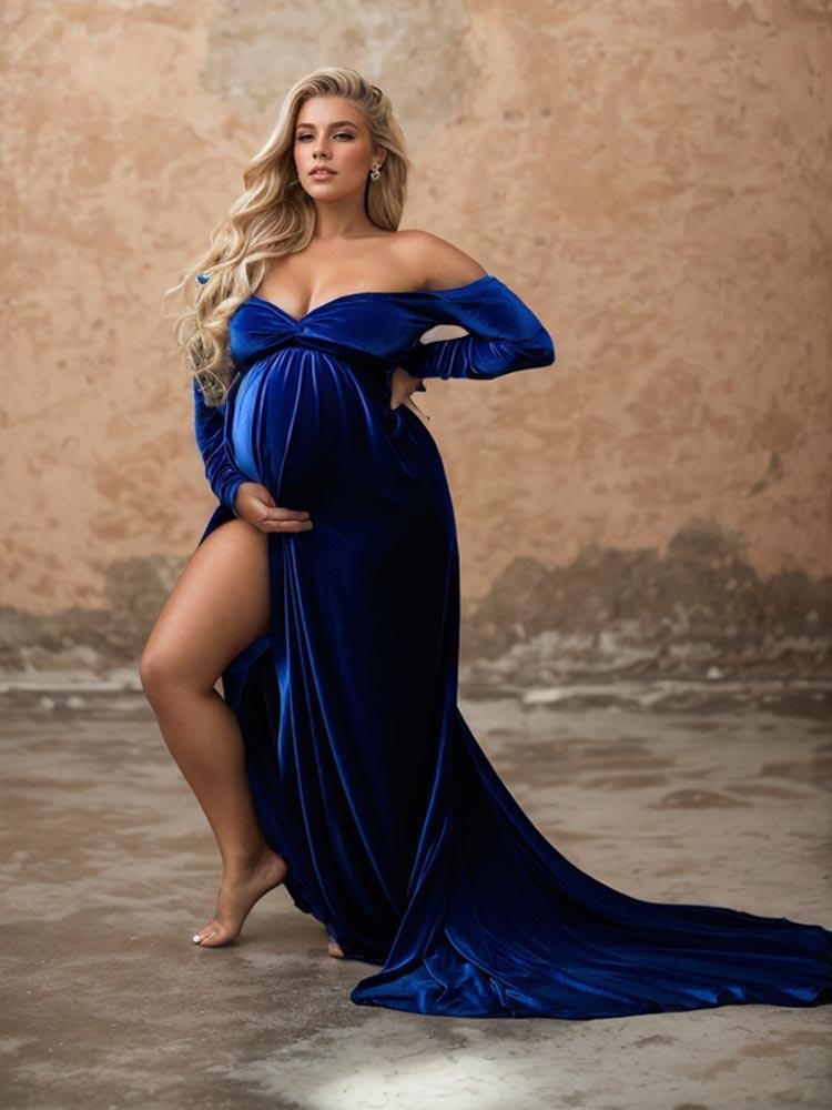 Blue Velvet Maternity Dress Two-Piece Dress For Special Maternity Photo Shoots