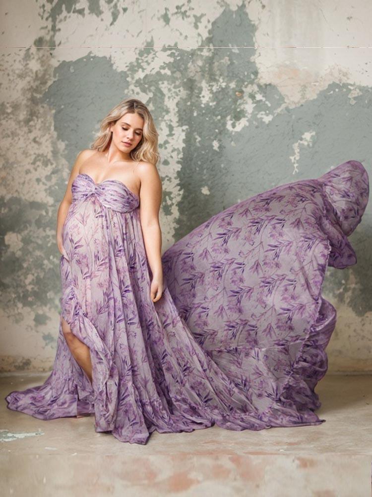 Lavender maternity dress Printed floral photo shoot dress long tail maxi dress