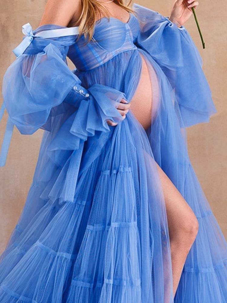 Maternity Dresses Baby Shower Blue Tulle Evening Dress Suitable For Photo Shooting