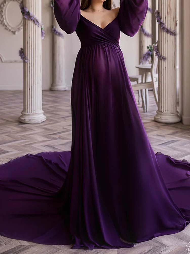 Purple Maternity Dress Long Sleeve Baby Shower Maternity Dress