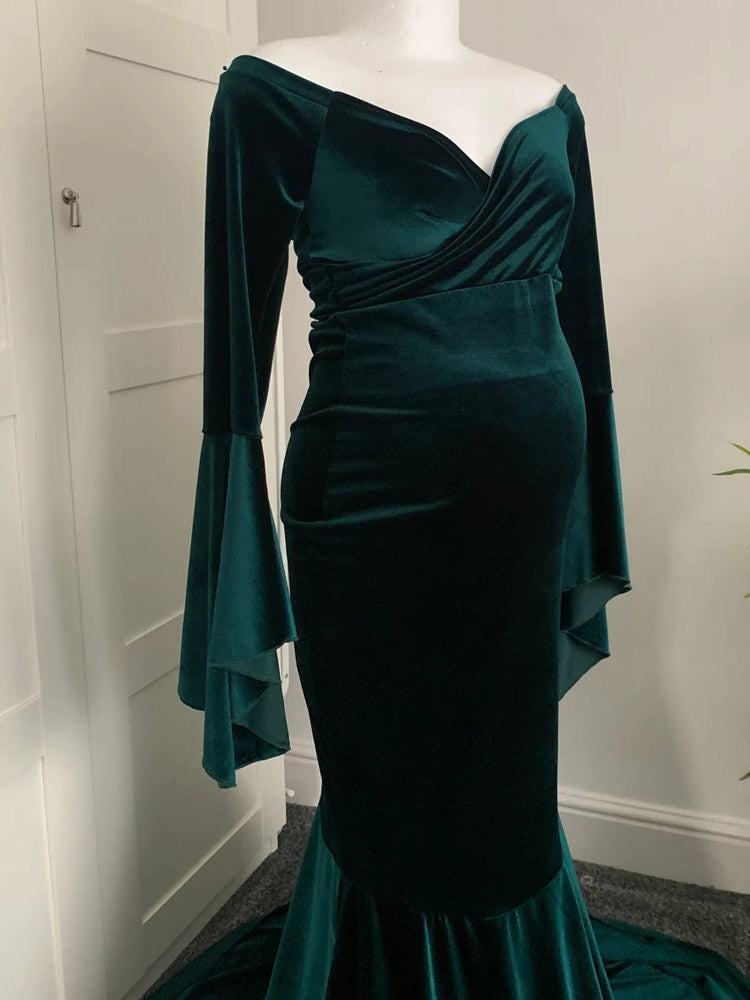 Velvet Green Maternity Dress Long Sleeve Maternity Baby Christening Dress Suitable For Photo Shoot