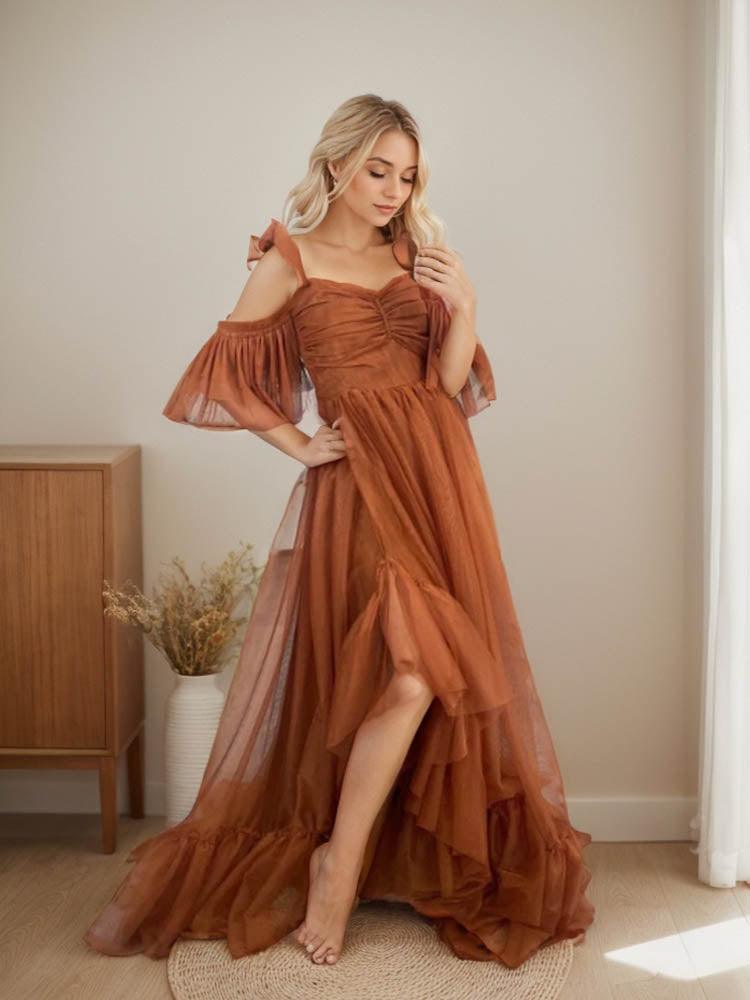 Elegant Strap Wedding Guest Dress Ruffle Flowing Dress