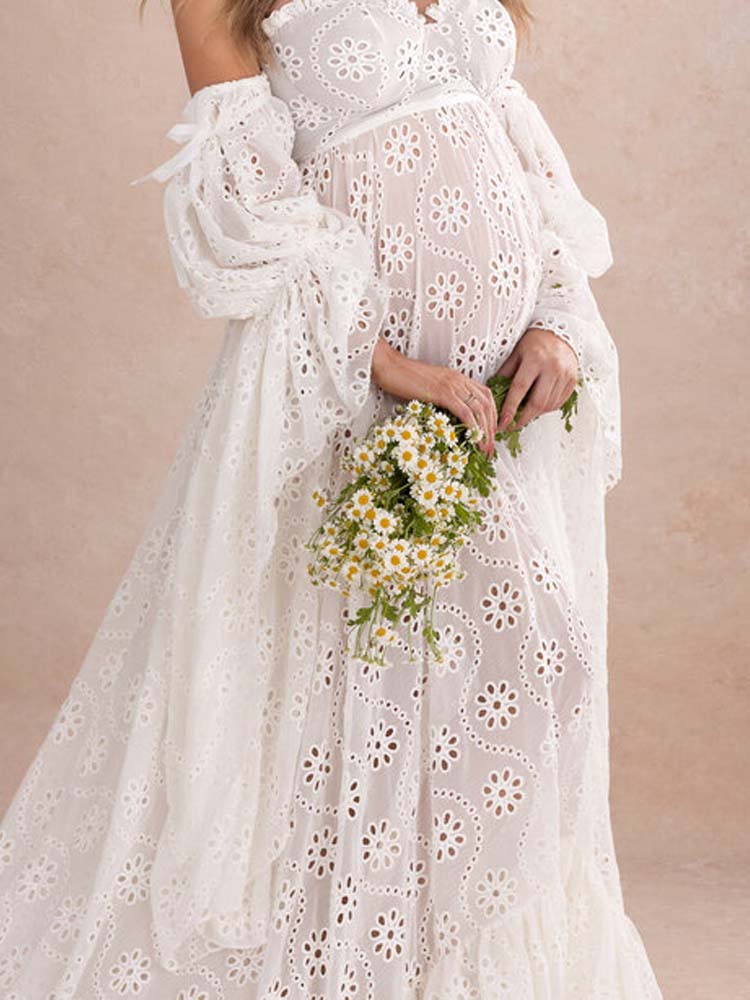 Maternity Lace Dresses White Long Sleeve Bohemian Style Maternity Dress Photoshoot Dress