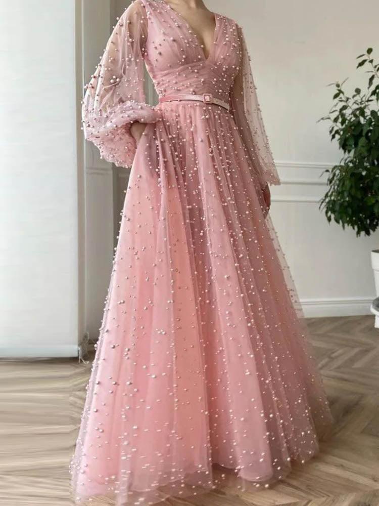 Pearl Dress Pink Long Sleeve Tea Party Gown Women's Dress