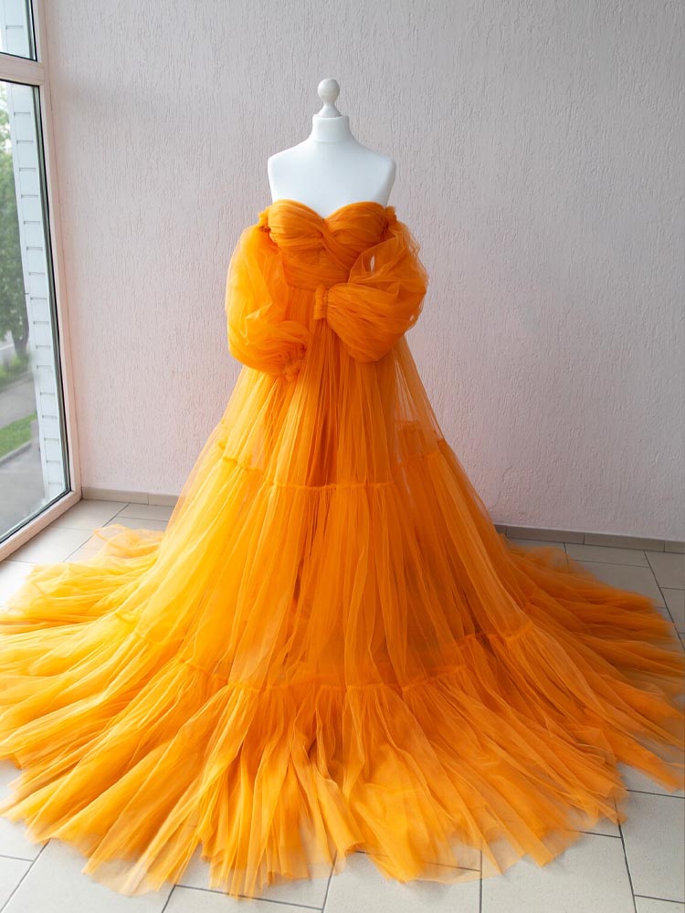 Yellow Tulle Dress Long Train Ball Gown Suitable For Photoshoot