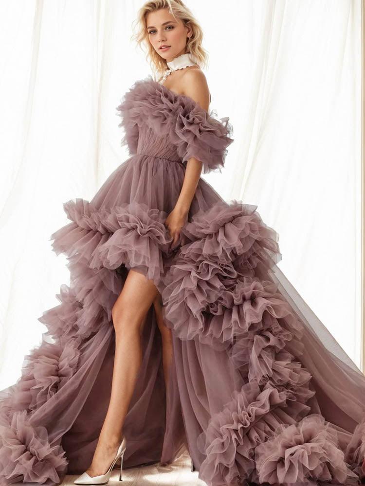 Tulle evening dress long ball gown fluffy long train shooting dress wedding guest dress