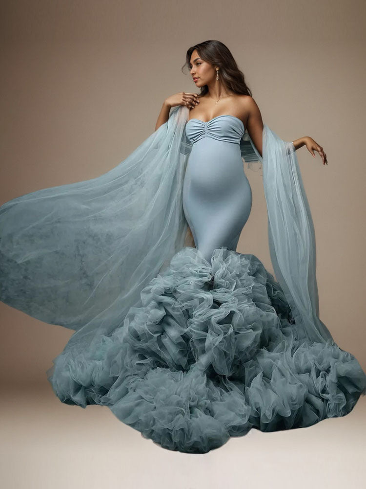 Maxi Maternity Dresses Strapless Baby Blue Mermaid Maternity Dress, Suitable For Photo Shoot Dress,