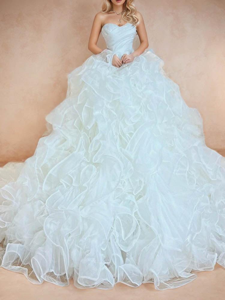 Simple White Wedding Dress Ruffled Long Dress With Train