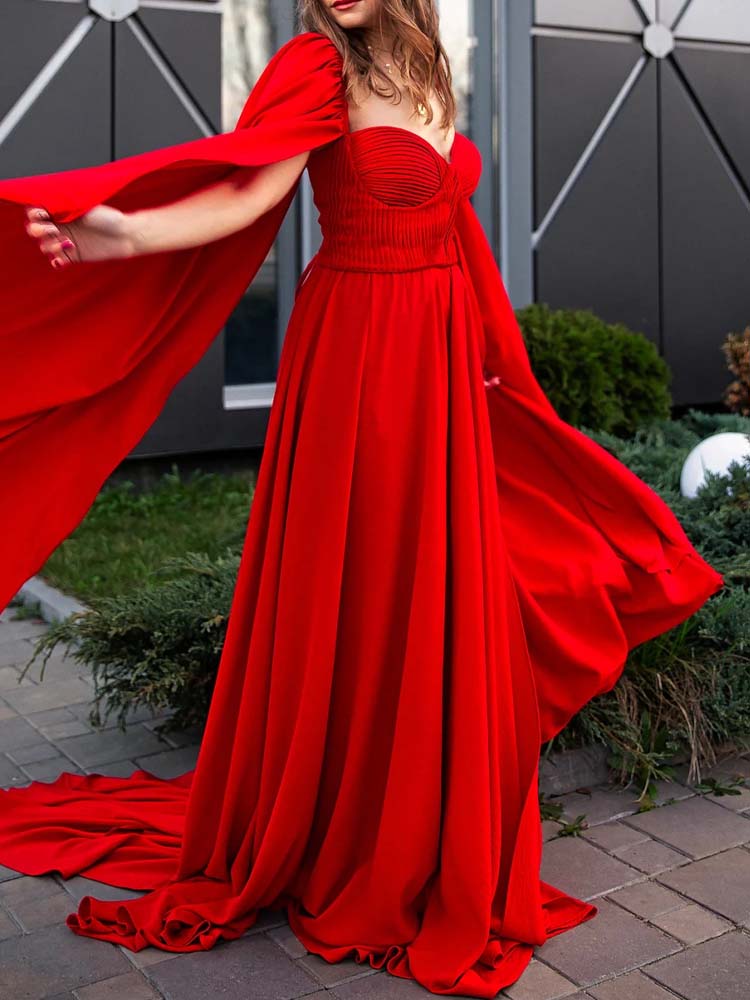 Red Ball Gown Long Sleeve Photography Dress