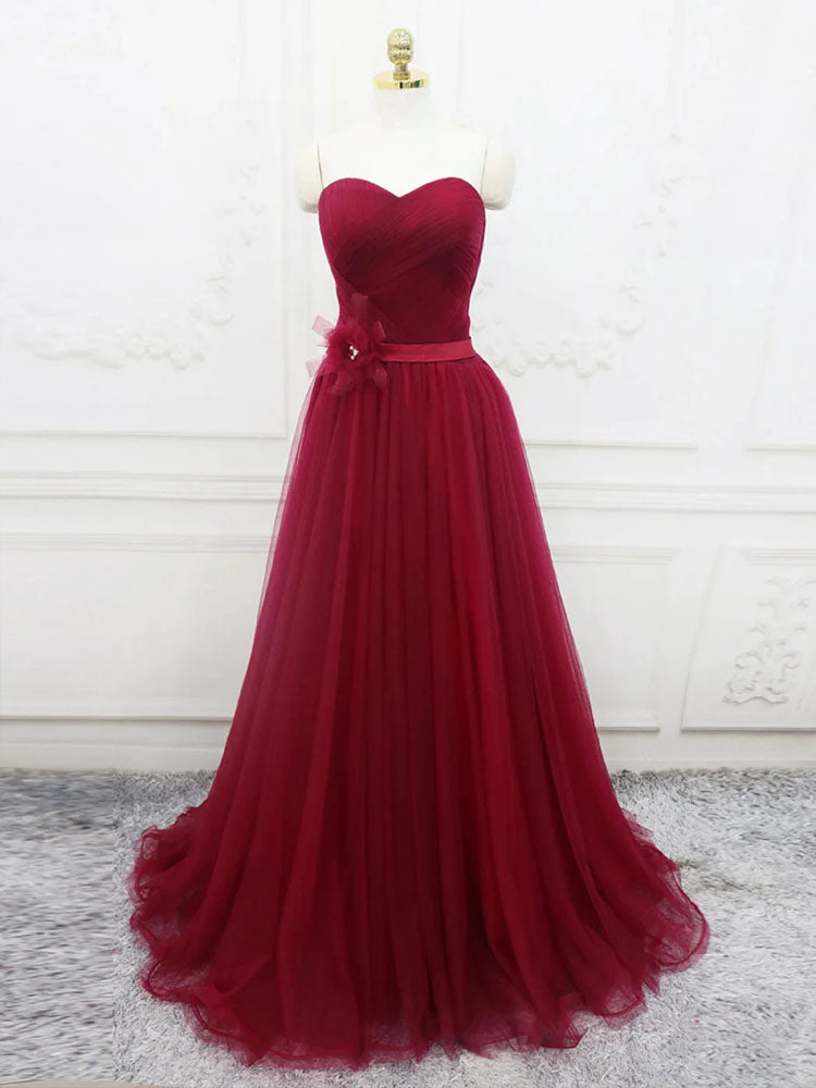 Ball Gown Red Tulle Dress With 3D Flower Decoration On Waist