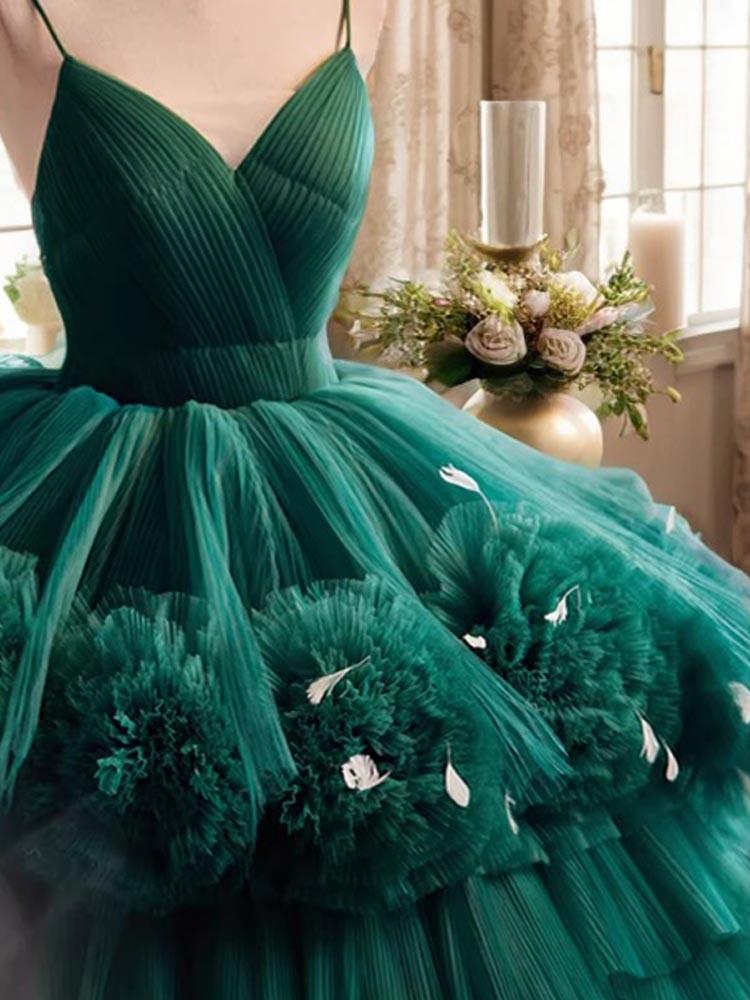 Emerald Green Quinceanera Dress Feather-Decorated 3D Flower Fluffy Maxi Suspender Skirt