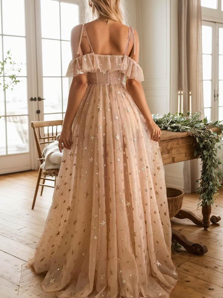 Sequin Ball Gown Star Shaped Tulle Champagne V Neck Photography Dress