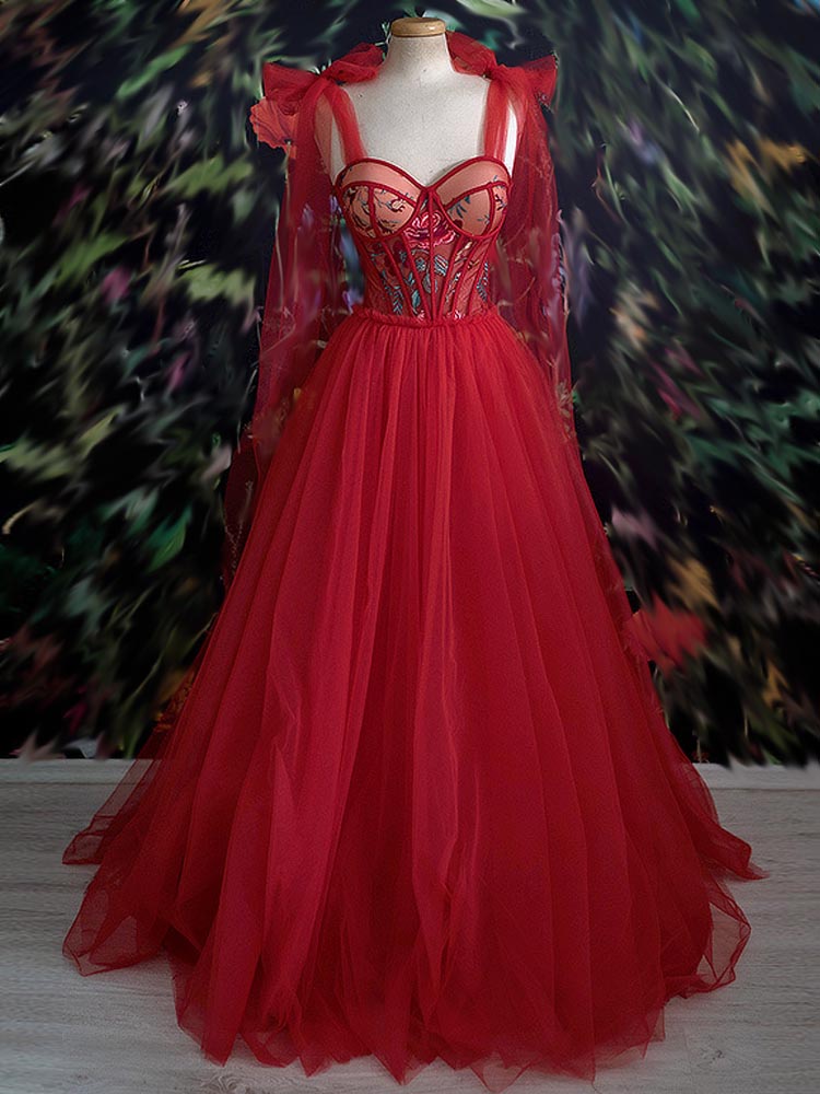 Embroidered Prom Dress Princess Tulle Red Dress