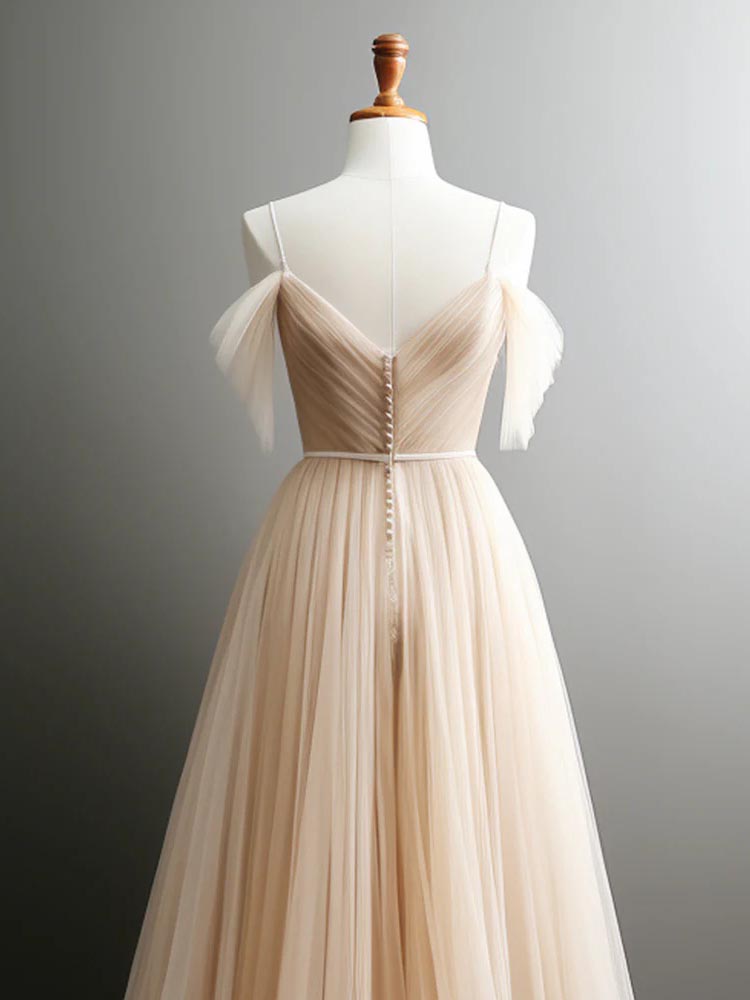 Tulle Maxi Dress Sexy Spaghetti Straps Champagne Colored Dress