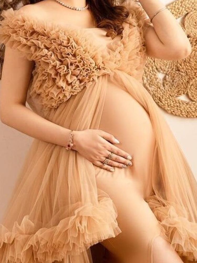 Babydoll Maternity Dress Tulle Ruffled Backless Cloud Dress For Photoshoot