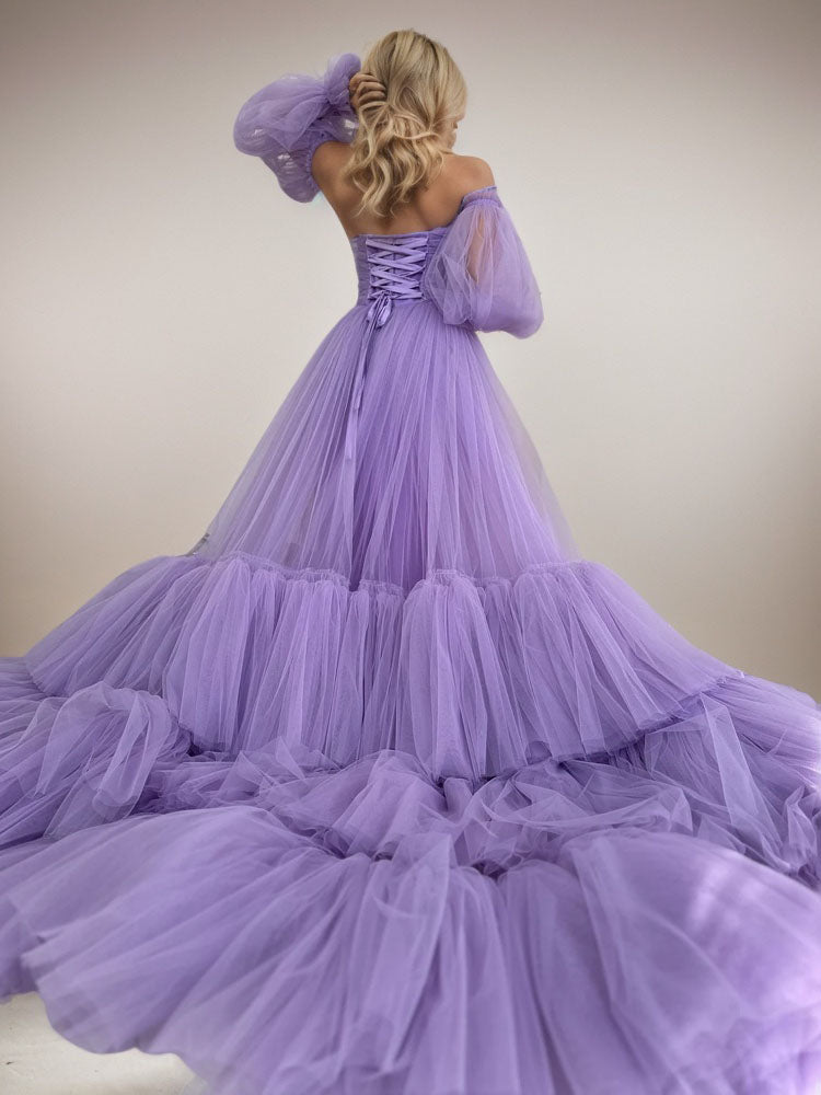 Lilac Color Dress  Multi-Layer Lotus Leaf Tulle Maxi Dress