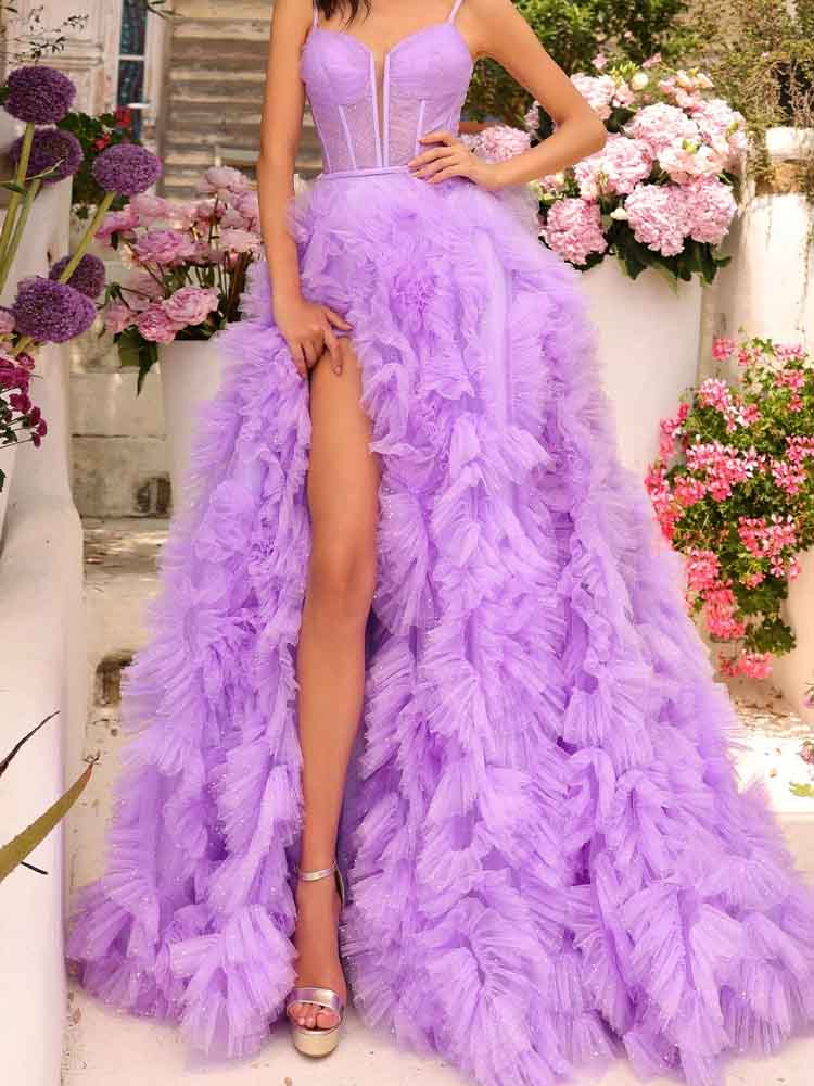 Formal Ball Gowns V-Neck Purple Tulle Dress