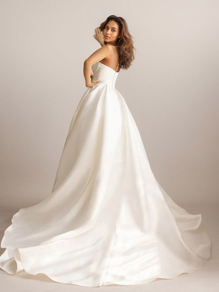 Satin Wedding Dresses Long Train Off-Shoulder Bridal Gown