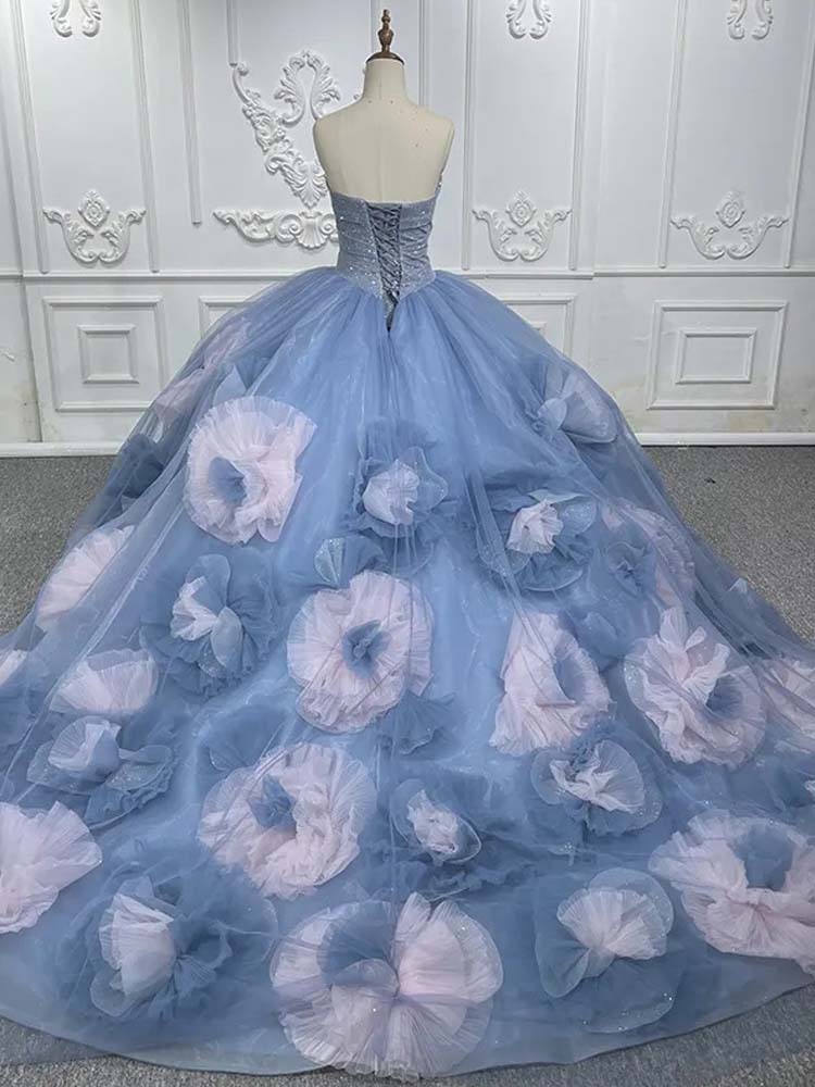 3D Flower Prom Dress Shiny Blue Tulle Dress Perfect For Photoshoots