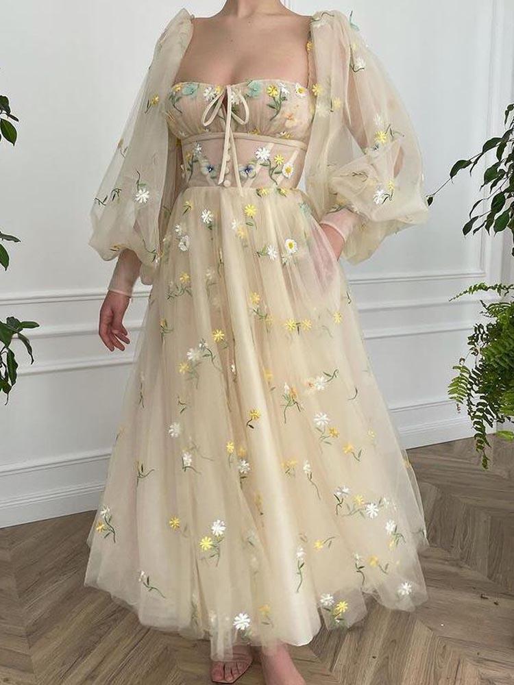 Embroidered Tulle dress Long Sleeve Floor Length Tea Dress