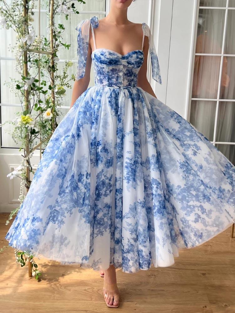 Garden Party Tea Length Dresses Blue Printed Ball Dress