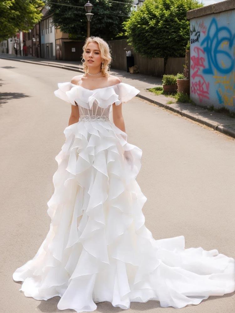 White Organza Dress Ruffled train bridal gown formal party dress