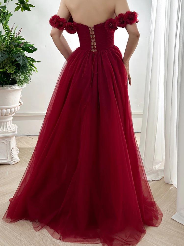 Women's Burgundy Red Dresses and Evening Gowns Handmade Floral Floor-Length Dresses