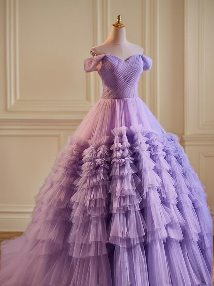 Purple Ball Gown Sexy Layered Lotus Leaves Puffy Wedding Dresses