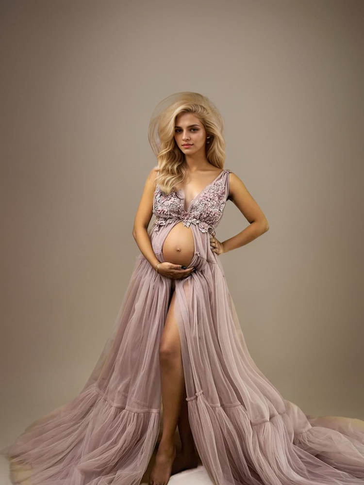 Foral Tulle Maternity Dress Baby Baptism Dress Suitable For Photo Shooting