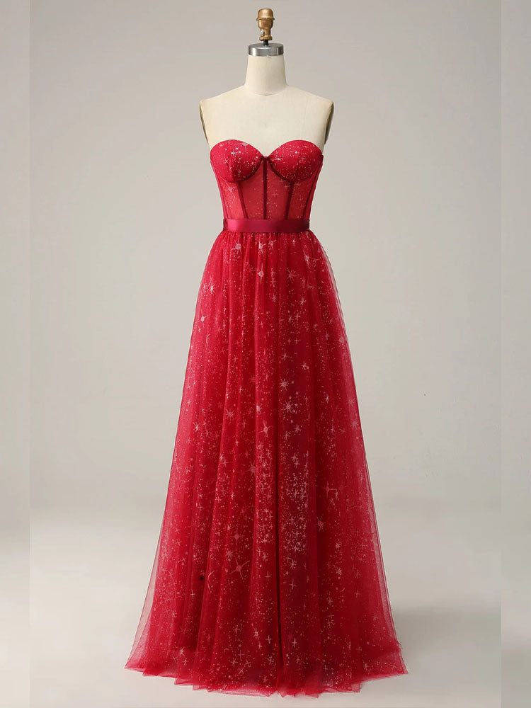 Red Tulle Dress A-Line Off-The-Shoulder Floor-Length Elegant Ball Gown