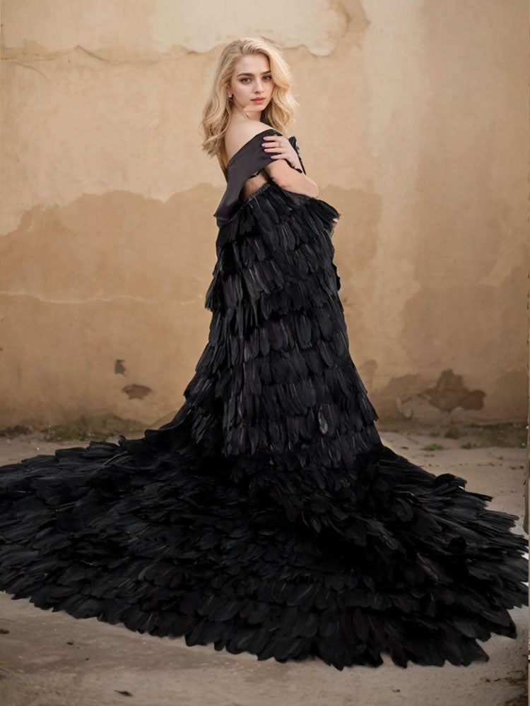 Black Feather Dress Cloak Cape Vintage Luxury Wedding Evening Dress