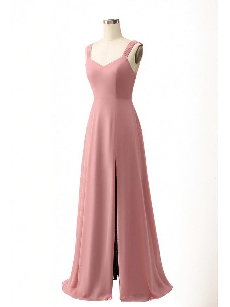 Pink Maxi Dress Elegant Side Slits Chiffon Gown Styles Suspenders