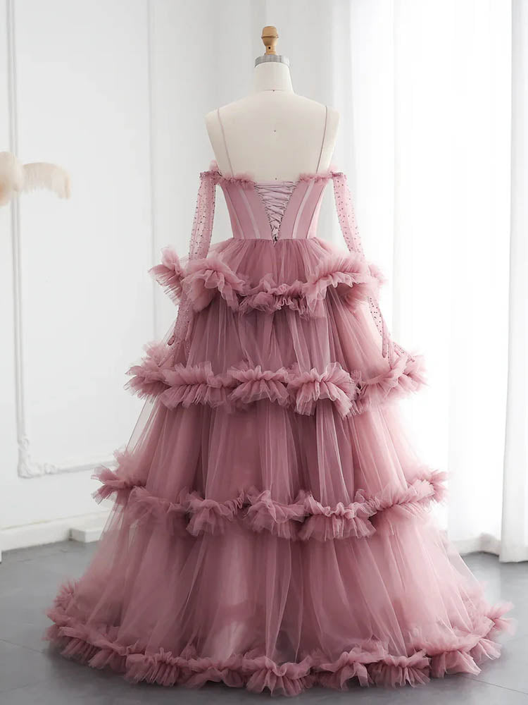 Blush Pink Color Dress Tiered Pleated Spaghetti Strap Tulle Gown