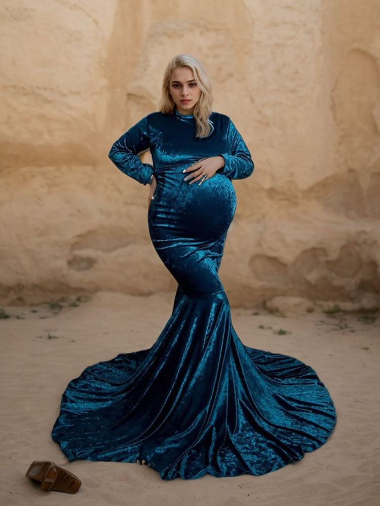 Blue Velvet Maternity Dress High Collar Long Sleeve Pregnancy Photography Evening Dress