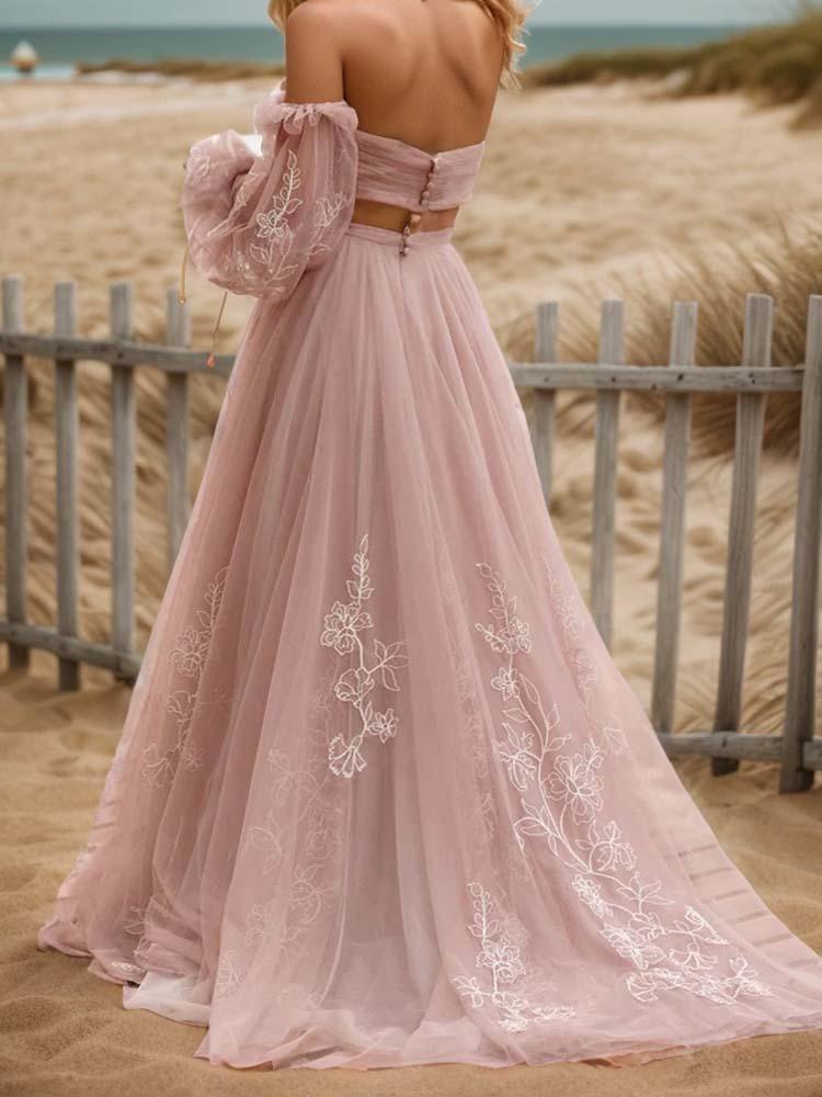 Two Piece Skirt And Top  Pink Long-Sleeved Women's Lace Flower floor-Length Dress