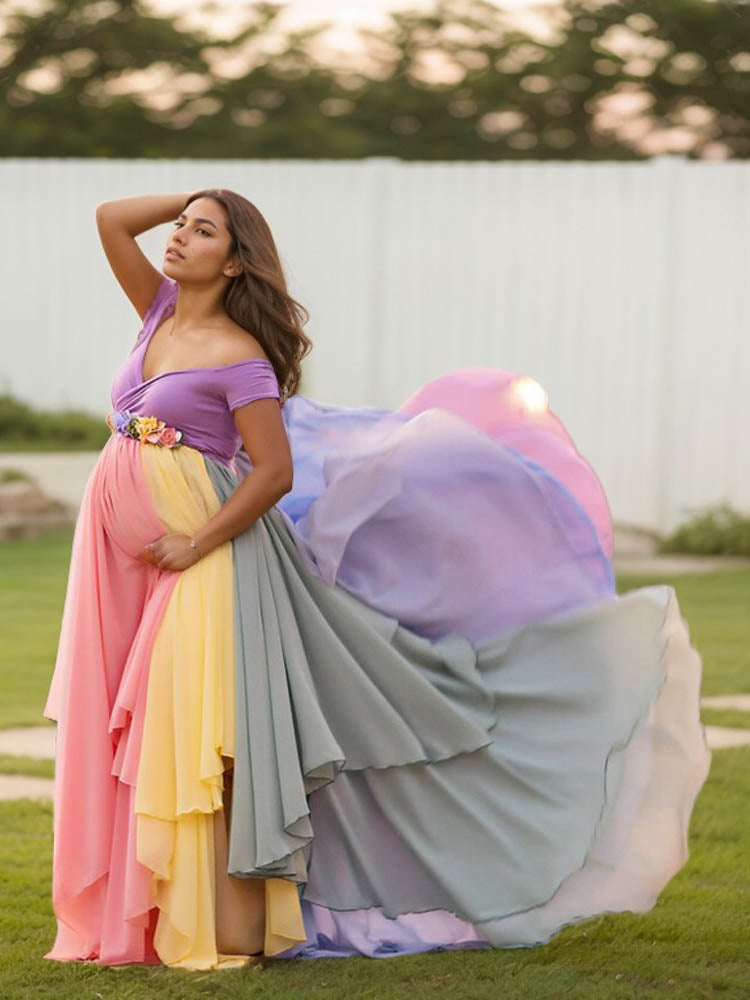 Colorful Midi Dress Chiffon Maternity Dress Baby Shower Photography Dress